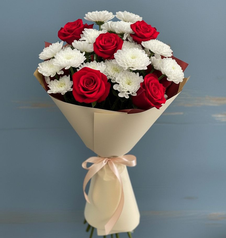 Букет цветов из: Розы и Хризантемы в Зиме