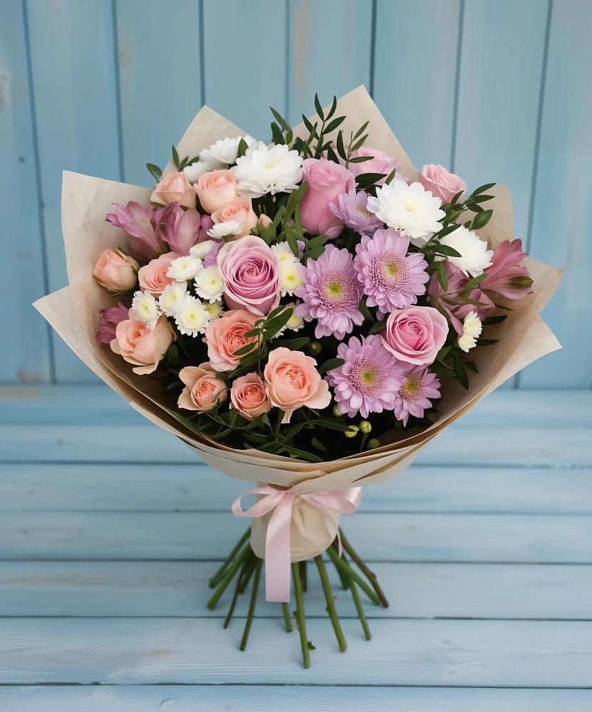 Букет цветов из: Хризантемы, Розы и Альстромерии в Зиме