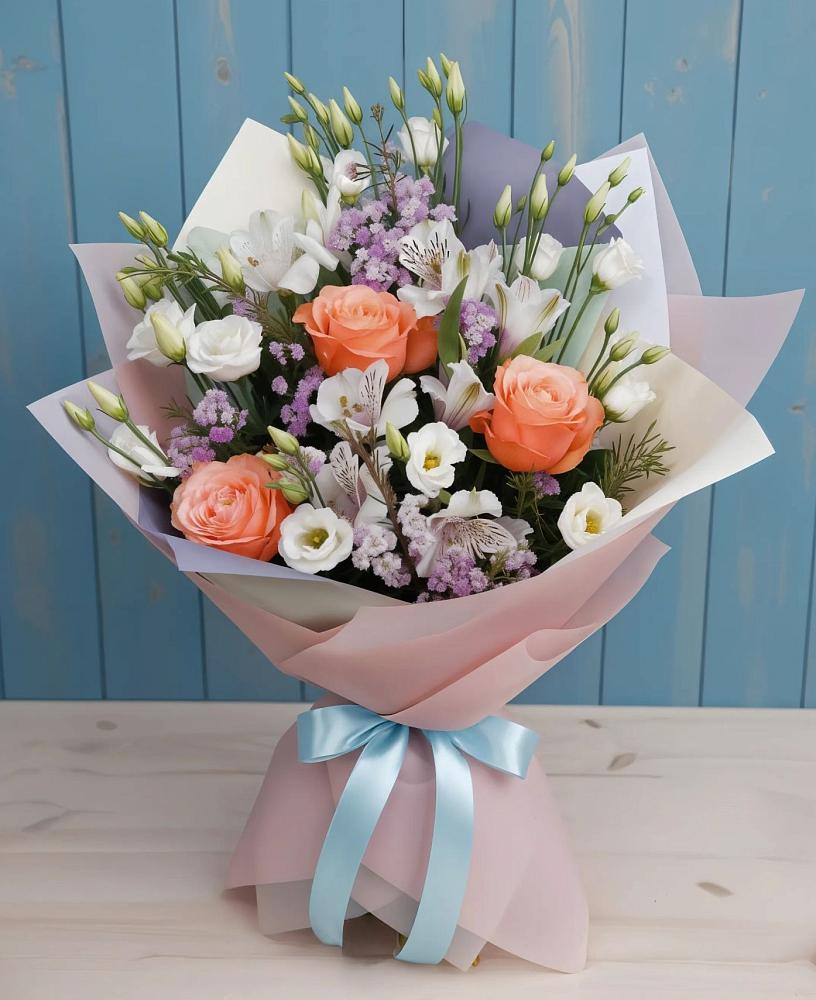 Букет цветов из: Лизиантусы, Розы, Альстромерии и Гипсофила в Зиме