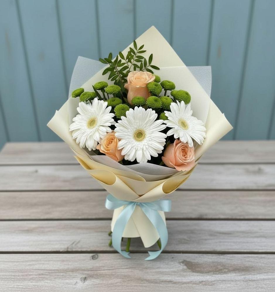 Букет цветов из: Герберы, Розы и Хризантемы в Зиме