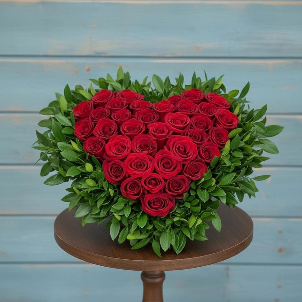 Цветочная композиция из Розы в виде сердца в Зиме