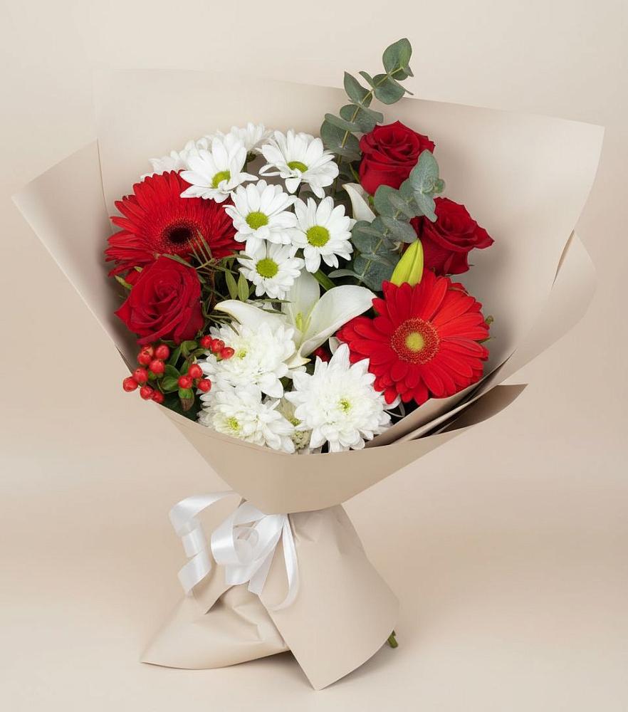 Букет цветов из: Розы, Хризантемы, Герберы и Лилии в Зиме
