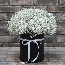 Цветочная композиция из Гипсофила в шляпной коробке в Зиме