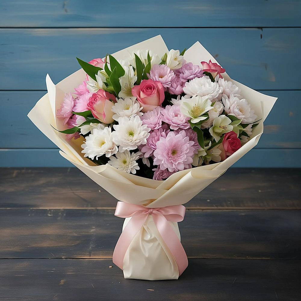 Букет цветов из: Хризантемы, Альстромерии и Розы в Зиме